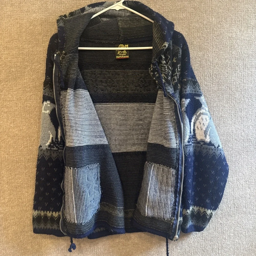 Tejidos Ruminahui VTG Full Zip Hooded Penguin Sweater Size Large Pockets